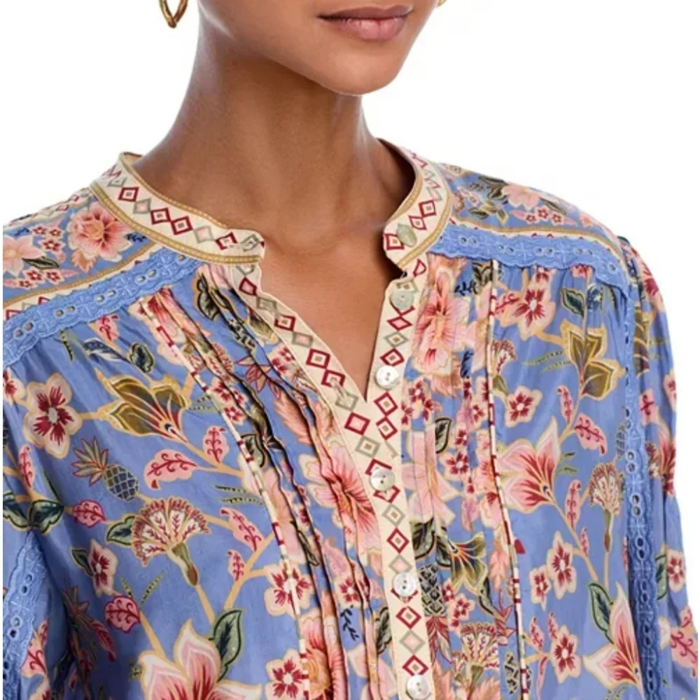 Farm Rio Superbloom Tapestry Top Boho Feminine Blue Small 253 - Picture 4 of 10
